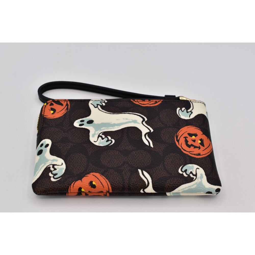 Coach Corner Zip Wristlet In Signature Canvas With Halloween Print Walnut Ghost - Picture 11 of 16